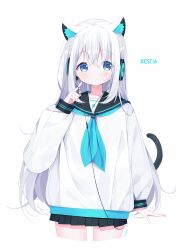 Rule 34 | 1girl, animal ear fluff, animal ears, black sailor collar, black skirt, blue eyes, blue neckerchief, blush, cat ears, cat girl, cat tail, character name, closed mouth, commentary, cropped legs, deyui, english commentary, hair between eyes, hand up, headphones, highres, long hair, long sleeves, looking at viewer, neckerchief, pleated skirt, puffy long sleeves, puffy sleeves, reignite, restya, sailor collar, school uniform, serafuku, shirt, signature, simple background, skirt, sleeves past wrists, solo, tail, very long hair, virtual youtuber, white background, white hair, white shirt