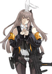 Rule 34 | 1girl, black jacket, black pantyhose, brown eyes, buckle, cleavage cutout, clothing cutout, commentary, girls&#039; frontline, grey hair, gun, h&amp;k ump, hair ornament, highres, holster, jacket, leotard, load bearing vest, long hair, looking at viewer, mutugorou u, one side up, own hands together, pantyhose, playboy bunny, scar, scar across eye, scar on face, simple background, smile, snap-fit buckle, solo, submachine gun, thigh holster, thigh strap, ump45 (girls&#039; frontline), weapon, white background, white leotard, window magazine