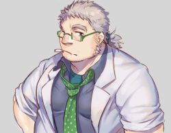Rule 34 | 1boy, bara, belly, between pectorals, cigarette, daisuka (sunokaori), facial hair, glasses, green-framed eyewear, grey background, grey hair, humanization, large pectorals, looking at viewer, loose necktie, male focus, mature male, muscular, muscular male, necktie, necktie between pectorals, pectorals, plump, ponytail, short hair, sideburns, solo, stubble, thick eyebrows, tokyo houkago summoners, upper body