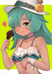 Rule 34 | 1girl, :t, aqua hair, bandaged wrist, bandages, bare arms, bare shoulders, bikini, blush, choker, closed mouth, collarbone, eating, flower, food, granblue fantasy, green background, green choker, green eyes, hair over one eye, hat, hat flower, hat ornament, heart, hibiscus, highres, holding, holding food, kolulu (granblue fantasy), layered bikini, long hair, looking at viewer, meat, smile, solo, sun hat, swimsuit, two-tone background, two-tone bikini, uneg, upper body, white hat, yellow flower