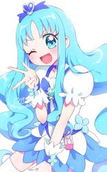 Rule 34 | 1girl, blue choker, blue eyes, blue hair, blue skirt, blue wrist cuffs, bow, brooch, choker, cure marine, hair ornament, heart, heart brooch, heartcatch precure!, highres, jewelry, long hair, magical girl, one eye closed, open mouth, precure, ribbon, rii (rii0 02), skirt, smile, solo, thighhighs, v, white background, white thighhighs, wrist cuffs