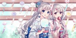 Rule 34 | :d, blue eyes, blue flower, blue kimono, blurry, blurry background, blush, braid, brown eyes, candy apple, commentary request, day, depth of field, floral print, flower, food, grey hair, hair flower, hair ornament, hair over shoulder, hairclip, hand fan, highres, hisakawa hayate, hisakawa nagi, holding, holding fan, holding food, idolmaster, idolmaster cinderella girls, japanese clothes, kimono, long hair, long sleeves, looking at viewer, low twintails, migolu, obi, open mouth, outdoors, paper fan, pink kimono, ponytail, print kimono, sash, siblings, sisters, smile, twins, twintails, uchiwa, very long hair, white flower, wide sleeves, wind chime