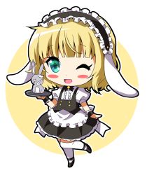 Rule 34 | 1girl, animal ears, apron, aqua eyes, back bow, bad id, bad pixiv id, black footwear, black neckwear, black outline, black skirt, black vest, blonde hair, blouse, blunt bangs, blush, blush stickers, bow, bowtie, chibi, fake animal ears, female focus, flat chest, frilled shirt, frilled skirt, frills, full body, gochuumon wa usagi desu ka?, hand up, happy, holding, kirima syaro, leg up, looking at viewer, maid, maid headdress, miniskirt, one eye closed, open mouth, outline, puffy short sleeves, puffy sleeves, rabbit, rabbit ears, ratryu, shirt, shoes, short hair, short sleeves, simple background, skirt, smile, solo focus, standing, standing on one leg, thighhighs, tray, two-tone background, vest, white outline, white shirt, white thighhighs, wild geese, wink, wrist cuffs, yellow background, zettai ryouiki
