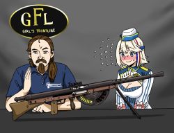 Rule 34 | 1boy, 1girl, anyan (jooho), automatic rifle, beard, blonde hair, blue eyes, blush, breasts, chauchat, chauchat (girls&#039; frontline), cleavage, collared shirt, crossover, embarrassed, facial hair, flying sweatdrops, forgotten weapons, girls&#039; frontline, gun, hat, ian mccollum, light machine gun, looking at viewer, machine gun, manly, mustache, real life, shirt, table, weapon