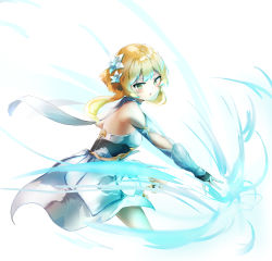 Rule 34 | 1girl, absurdres, bare shoulders, blonde hair, blush, commentary request, detached sleeves, dress, fingerless gloves, flower, genshin impact, gesture, gesture request, gloves, hair flower, hair ornament, highres, long sleeves, lumine (genshin impact), mint ch, open mouth, short hair, simple background, solo, tagme, v-shaped eyebrows, white background, white dress, yellow eyes