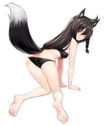 Rule 34 | 1girl, absurdres, all fours, animal ears, artpatient, ass, back, bare shoulders, barefoot, bikini, black bikini, black hair, blush, braid, breasts, clenched teeth, fox ears, fox girl, fox tail, highres, hololive, kurokami fubuki, long hair, looking at viewer, red eyes, simple background, solo, swimsuit, tail, teeth, virtual youtuber, white background