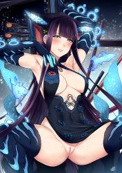 Rule 34 | 1girl, anus, armpits, arms up, black dress, blue eyes, blunt bangs, blush, breasts, center opening, china dress, chinese clothes, cleavage cutout, cleft of venus, clothing cutout, dress, elbow gloves, fate/grand order, fate (series), gloves, hair ornament, highres, large breasts, leaf hair ornament, leaning back, lens flare, long hair, looking at viewer, medium breasts, naughty face, parted lips, pipa (instrument), purple hair, pussy, sidelocks, signature, sleeveless, smile, solo, sparkle background, spread legs, thighs, uncensored, very long hair, xter, yang guifei (fate), yang guifei (third ascension) (fate)