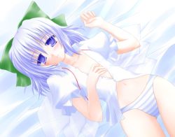 Rule 34 | 1girl, cirno, female focus, flat chest, hair ribbon, panties, ribbon, shoot the bullet, solo, striped clothes, striped panties, touhou, underwear