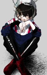 Rule 34 | 1boy, absurdres, androgynous, black hair, black nails, blood, blue jacket, boots, brown footwear, closed mouth, glasses, grey background, helmet, highres, jacket, looking at viewer, male focus, marinachan, nail polish, nosebleed, off shoulder, original, own hands together, pants, simple background, sitting, solo, space helmet, sweatpants