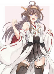 Rule 34 | absurdres, ahoge, black skirt, boots, breasts, brown hair, cowboy shot, dairyo3, detached sleeves, double bun, frilled skirt, frills, hair bun, hairband, hakama, hakama short skirt, hakama skirt, headgear, highres, japanese clothes, kantai collection, kongou (kancolle), kongou kai ni (kancolle), long hair, looking at viewer, medium breasts, open mouth, pink background, purple eyes, ribbon-trimmed sleeves, ribbon trim, sash, simple background, skirt, smile, thigh boots, thighhighs, two-tone background, white background, wide sleeves
