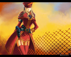 Rule 34 | 00s, belt, blonde hair, dungeon and fighter, fence, fighter (dungeon and fighter), gun holster, hat, leggings