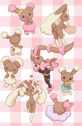 Rule 34 | 4girls, ^ ^, absurdres, alternate color, animal feet, animal hands, animal nose, arms up, ass, black pantyhose, blush, blush stickers, body fur, bow, bowtie, brown eyes, brown fur, buneary, closed eyes, closed mouth, clothed pokemon, covering own mouth, creatures (company), crotchless, crotchless pantyhose, dress, evolutionary line, female focus, flat chest, flower, from behind, furry, furry female, game freak, gen 4 pokemon, green dress, groin, hair bow, hair flower, hair ornament, hand to own mouth, hands up, happy, heart, highres, holding, holding stuffed toy, kicking, knees together feet apart, leaning forward, leg up, legs, long ears, looking at viewer, lopunny, lying, mega lopunny, mega pokemon, multiple girls, nintendo, on stomach, open mouth, outline, outstretched arms, own hands together, pantyhose, pawpads, pillow, pink background, pink bow, pink fur, plaid, plaid background, pokemon, pokemon (creature), polka dot, polka dot dress, rabbit ears, rabbit girl, rabbit tail, red eyes, sad, shiny and normal, shiny pokemon, shiwashiwa no kinchakubukuru, short dress, simple background, sleeping, sleeveless, sleeveless dress, smile, spread arms, spread legs, standing, standing on one leg, stuffed animal, stuffed rabbit, stuffed toy, tears, thighs, torn clothes, torn pantyhose, two-tone fur, u u, white outline, yellow bow, yellow bowtie, yellow flower, yellow fur