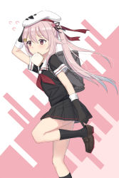 Rule 34 | 1girl, bad id, bad pixiv id, black serafuku, black skirt, brown footwear, cnm, food, harusame (kancolle), hat, kantai collection, long hair, mouth hold, neckerchief, pink hair, pleated skirt, red eyes, red neckerchief, sailor hat, school uniform, serafuku, shoes, short sleeves, side ponytail, skirt, solo, white hat