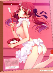 Rule 34 | 1girl, absurdres, apron, ass, bare legs, bare shoulders, barefoot, blush, bow, breasts, hair bow, highres, leg up, legs, long hair, long legs, looking at viewer, mixing bowl, naked apron, ooyari ashito, original, red eyes, red hair, sideboob, smile, solo, thighs, translation request, twintails