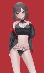 Rule 34 | 1girl, :p, bad id, bad twitter id, black jacket, black panties, blush, breasts, brown eyes, brown hair, cleavage, cleavage cutout, clothing cutout, commentary, cowboy shot, crop top, hand on own chest, heart cutout, highres, jacket, kuen (kuennn12), large breasts, long sleeves, looking at viewer, navel, open clothes, open jacket, original, panties, red background, short hair, simple background, solo, standing, stomach, symbol-only commentary, tongue, tongue out, underwear