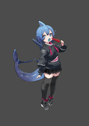 Rule 34 | 1girl, absurdres, black footwear, black skirt, black thighhighs, blue eyes, blue hair, blue tongue, check copyright, colored tongue, copyright request, fingernails, fins, fish tail, food, fruit, grey background, highres, holding, holding food, long eyelashes, melting, open mouth, original, popsicle, shark fin, shark girl, shark tail, sharp teeth, shisantian, short hair, simple background, sketch, skirt, solo, standing, tail, teeth, thighhighs, tongue, upper teeth only, watermelon, zipper, zipper pull tab