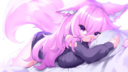 Rule 34 | 1girl, :3, animal ear fluff, animal ears, araran, bare legs, black sweater, breasts, closed mouth, curly hair, ear down, fluffy, hair between eyes, highres, large breasts, long hair, long sleeves, looking at viewer, lying, hugging object, off-shoulder sweater, off shoulder, on bed, on stomach, original, pillow, pillow hug, pink eyes, pink hair, ribbed sweater, smile, solo, sweater, tail, white background