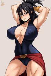Rule 34 | 1girl, absurdres, armpits, arms behind head, artist name, black eyes, black hair, blush, boku no hero academia, breasts, cameltoe, cleavage, cleft of venus, collarbone, covered erect nipples, gloves, grey background, hair between eyes, highres, jmg, large breasts, leotard, long hair, looking at viewer, mature female, mole, mole on breast, mole under mouth, muscular, muscular female, ponytail, shimura nana, simple background, skin tight, solo, thick thighs, thighs