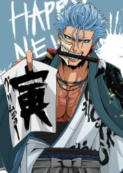 Rule 34 | 1boy, arrancar, text background, bleach, blue eyes, blue hair, body markings, bone, calligraphy brush, fangs, furrowed brow, grimmjow jaegerjaquez, hakama, happy new year, highres, holding, holding paper, ink, japanese clothes, jewelry, light blue hair, looking at viewer, male focus, mouth hold, muscular, muscular male, necklace, new year, number tattoo, paintbrush, paper, pectoral cleavage, pectorals, sash, scar, scar on chest, solo, spiked hair, straight-on, tatsubi 01, tattoo, teeth, teeth hold, traditional clothes, two-tone background, v-shaped eyebrows