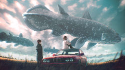 Rule 34 | 1boy, 1girl, animal, bmw 3 series, bmw e30, bmw m3, building, car, coelacanth, commentary, field, fish, floating, highres, hiromumaru, motor vehicle, on vehicle, original, outdoors, oversized animal, realistic, scenery, sitting, sky, wide shot