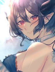 Rule 34 | 1girl, bikini, black hair, blush, breasts, commentary request, dasui191023, dragon girl, dragon horns, granblue fantasy, grea (shingeki no bahamut), hair between eyes, highres, horns, looking at viewer, pointy ears, red eyes, shingeki no bahamut, short hair, sidelocks, solo, swimsuit, upper body