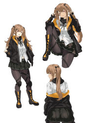 Rule 34 | 1girl, :3, absurdres, adjusting hair, armband, ass, belt, black footwear, black gloves, black jacket, black panties, black pantyhose, black ribbon, black skirt, boots, brown hair, commentary, cross-laced footwear, fingerless gloves, full body, girls&#039; frontline, gloves, hair between eyes, hair ornament, hairclip, highres, jacket, knee pads, long hair, looking at viewer, looking back, multiple views, mutugorou u, neck ribbon, off shoulder, open mouth, panties, panties under pantyhose, pantyhose, pleated skirt, red eyes, ribbon, scar, scar across eye, scar on face, shirt, simple background, skirt, smile, solo, twintails, ump9 (girls&#039; frontline), underwear, white background, white shirt, yellow armband