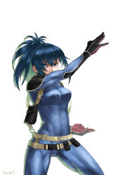 Rule 34 | 1girl, belt, blue eyes, blue hair, bodysuit, breasts, cameltoe, clenched hand, cosplay, covered erect nipples, earrings, fighting stance, gloves, heidern, heidern (cosplay), high ponytail, highres, jewelry, leona heidern, long hair, looking at viewer, medium breasts, pocket, ponytail, sakura mafumi, signature, simple background, snk, solo, the king of fighters, triangle earrings, white background