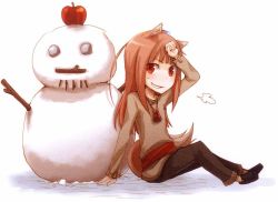 Rule 34 | 00s, 1girl, animal ears, apple, ayakura juu, food, fruit, holo, official art, red eyes, smile, snowman, solo, spice and wolf, tail, wolf ears, wolf tail