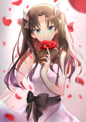Rule 34 | 1girl, black bow, blurry, blurry foreground, bow, brown hair, closed mouth, dress, fate/stay night, fate (series), floating hair, flower, gorogoronemuri, gradient hair, green eyes, hair bow, hair intakes, highres, holding, holding flower, long hair, looking at viewer, multicolored hair, petals, red flower, red hair, sleeveless, sleeveless dress, smile, solo, standing, tohsaka rin, twintails, very long hair, white bow, white dress