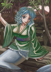 Rule 34 | 1girl, amibazh, blue eyes, blue hair, breasts, cleavage, curly hair, dress, fins, flower, green dress, head fins, highres, japanese clothes, kimono, large breasts, lily pad, long sleeves, looking at viewer, matching hair/eyes, mermaid, monster girl, obi, sash, short hair, sitting, solo, touhou, tree, wakasagihime, water, wetland, wide sleeves
