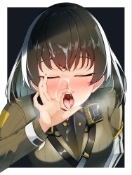 Rule 34 | 1girl, arknights, black background, blush, border, breasts, brown hair, closed eyes, commentary, cum, cum in mouth, cum on clothes, cum on hair, cum on tongue, facial, facing viewer, fellatio gesture, hand to own mouth, highres, magallan (arknights), magallan (elite ii) (arknights), mask, mask around neck, medium breasts, multicolored hair, open mouth, outside border, sexually suggestive, short hair, solo, streaked hair, teeth, tongue, tongue out, upper body, uvula, white border, white hair, z.taiga