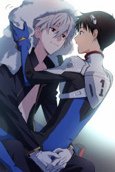 Rule 34 | 11kkr, 2boys, black pants, black shirt, blue eyes, blue gloves, blush, brown hair, closed mouth, gloves, hand on another&#039;s hip, highres, holding, holding towel, ikari shinji, interface headset, looking at another, multiple boys, nagisa kaworu, neon genesis evangelion, open clothes, open mouth, pants, plugsuit, red eyes, shirt, short hair, simple background, sitting, smile, standing, sweatdrop, towel, towel on head, water drop, white background, white gloves, white shirt, yaoi