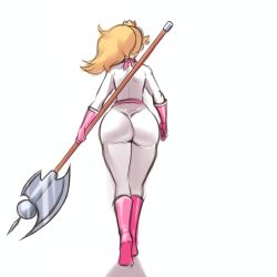 Rule 34 | 1girl, ass, axe, blonde hair, bodysuit, from behind, highres, huge ass, mario (series), nintendo, ponytail, princess, princess peach, riukykappa, solo, the super mario bros. movie, thick thighs, thighs, walking, weapon