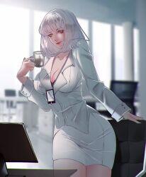 Rule 34 | 1girl, blurry, blurry background, breasts, business suit, chair, cleavage, collarbone, cup, feet out of frame, formal, girls&#039; frontline, highres, holding, holding cup, jacket, lips, long sleeves, looking at viewer, medium breasts, medium hair, office, office chair, official alternate costume, pencil skirt, purple eyes, red lips, rpk-16 (girls&#039; frontline), rpk-16 (renate) (girls&#039; frontline), sanya (sanya lox228), skirt, solo, standing, suit, swivel chair, white hair, white jacket, white skirt