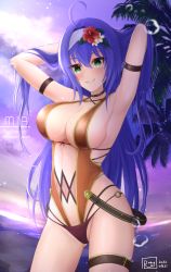 Rule 34 | 1girl, ahoge, armpits, arms behind head, arms up, blue hair, breasts, center opening, cleavage, covered navel, dated, fire emblem, fire emblem: radiant dawn, green eyes, grin, groin, hair lift, hairband, hands in hair, highres, holding, holding hair, large breasts, layered swimsuit, long hair, looking at viewer, mia (fire emblem), nintendo, o-ring, o-ring swimsuit, one-piece swimsuit, orange one-piece swimsuit, ryuusaki rei, signature, smile, solo, swimsuit, thigh strap, very long hair, white hairband