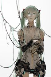 Rule 34 | 1girl, absurdres, acid114514, android, bare shoulders, blurry, bridal gauntlets, cable, center opening, cowboy shot, cracked skin, damaged, depth of field, green eyes, green hair, hair over shoulder, hands up, hatsune miku, hatsune miku (append), highres, holding, leotard, long hair, looking at viewer, mechanical parts, messy hair, parted lips, simple background, sleeveless, solo, twintails, very long hair, vocaloid, vocaloid append, white background, white leotard