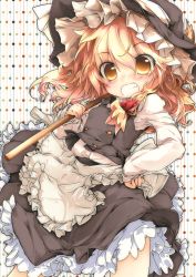 Rule 34 | 1girl, apron, blonde hair, braid, broom, buttons, dress, female focus, frilled apron, frilled skirt, frills, grin, hair ribbon, hand on own hip, hat, hat ribbon, highres, hip focus, holding, kirisame marisa, long sleeves, looking at viewer, over shoulder, petticoat, ribbon, sanoharu, short hair, skirt, skirt set, smile, solo, touhou, waist apron, witch, witch hat, yellow eyes