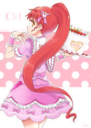 Rule 34 | 1girl, blueberry, blush, bow, cake, cowboy shot, dated, finger in own mouth, food, food on face, food on hand, from behind, fruit, hair ornament, happy birthday, heart, heart hair ornament, high ponytail, highres, icing, long hair, looking back, okiru, orange hair, pink bow, pink shirt, pink skirt, pretty series, pretty rhythm, pripara, profile, puffy short sleeves, puffy sleeves, red hair, sailor collar, shiratama mikan, shirt, short sleeves, skirt, solo, strawberry, tray, very long hair, wrist cuffs