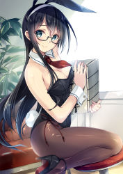 Rule 34 | 1girl, alternate costume, animal ears, bad id, bad pixiv id, bare shoulders, black footwear, black hair, blush, breasts, brown pantyhose, cleavage, closed mouth, couch, detached collar, fake animal ears, fake tail, glasses, green eyes, hairband, high heels, highres, holding, indoors, kantai collection, kobayashi chisato, leg up, leotard, looking at viewer, medium breasts, necktie, ooyodo (kancolle), pantyhose, plant, playboy bunny, potted plant, rabbit ears, rabbit tail, raised eyebrows, red necktie, red ribbon, ribbon, semi-rimless eyewear, shiny skin, side-tie leotard, smile, solo, standing, standing on one leg, stool, strapless, strapless leotard, tail, tareme, thighs, under-rim eyewear, white hairband, wrist cuffs