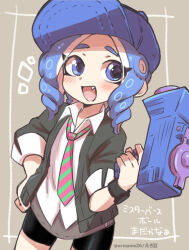 Rule 34 | 1girl, baseball cap, blue eyes, blue hair, blush, cardigan, eromame, fang, hand on own hip, hat, holding, holding weapon, necktie, nintendo, octoling, octoling girl, octoling player character, open cardigan, open clothes, open mouth, shirt, shorts, splatoon (series), splatoon 3, splattershot jr (splatoon), tentacle hair, watch, weapon, white shirt, wristwatch
