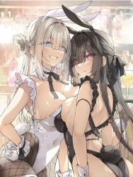 Rule 34 | 2girls, animal ears, ass, asymmetrical docking, backless leotard, bar (place), black bow, black bowtie, black hair, black leotard, black thighhighs, blonde hair, blue eyes, blush, bow, bowtie, breast press, breasts, bunny day, contrapposto, covered navel, criss-cross back-straps, detached collar, double bun, embarrassed, eyes visible through hair, fake animal ears, fake tail, fishnet thighhighs, fishnets, gloves, grin, hair bun, hair intakes, hair over one eye, half updo, hand on own hip, height difference, highleg, highleg leotard, highres, holding, holding tray, large breasts, leotard, long hair, looking at viewer, multiple girls, nontraditional playboy bunny, original, playboy bunny, rabbit ears, rabbit tail, red eyes, shio kouji (shiokojii), smile, strapless, strapless leotard, tail, thighhighs, tray, very long hair, white gloves, white leotard, wrist cuffs