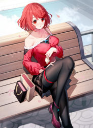 Rule 34 | 1girl, :o, bag, bare shoulders, black skirt, blush, breasts, commentary request, feet out of frame, highres, knee up, looking at viewer, medium breasts, nose blush, off-shoulder shirt, off shoulder, on bench, pantyhose, paper bag, parted lips, petals, plaid, plaid skirt, pleated skirt, puffy short sleeves, puffy sleeves, purple footwear, pyra (xenoblade), red eyes, red hair, red shirt, reflection, ririko (zhuoyandesailaer), shirt, shoes, short sleeves, sitting, skirt, solo, thighband pantyhose, water, xenoblade chronicles (series), xenoblade chronicles 2