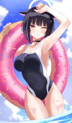 Rule 34 | 1girl, absurdres, animal ears, arm up, armpits, bare shoulders, black hair, black one-piece swimsuit, blue archive, blue sky, blush, breasts, cat ears, choker, collarbone, colored inner hair, covered navel, extra ears, gomashi (goma), hair ornament, hairclip, halo, highleg, highleg swimsuit, highres, innertube, kazusa (blue archive), large breasts, looking at viewer, multicolored hair, one-piece swimsuit, one eye closed, pink hair, red eyes, short hair, sky, solo, swim ring, swimsuit, thighs, wading, water, wet