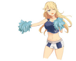 Rule 34 | 10s, 1girl, blonde hair, blue eyes, breasts, cheerleader, clothes writing, fuyujin, highres, iowa (kancolle), kantai collection, large breasts, midriff, navel, one eye closed, open mouth, pom pom (cheerleading), solo, star-shaped pupils, star (symbol), symbol-shaped pupils