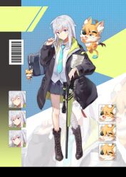 Rule 34 | 1girl, absurdres, animal, bag, bandage on leg, barcode, black footwear, black jacket, black skirt, blue eyes, blue necktie, blush, boots, closed mouth, collared shirt, commentary request, full body, grey hair, gun, hand up, head tilt, highres, holding, holding bag, holding gun, holding weapon, jacket, long hair, long sleeves, looking at viewer, multiple views, necktie, open clothes, open jacket, original, pleated skirt, rifle, same (samefgo), shirt, skirt, sniper rifle, standing, weapon, white shirt