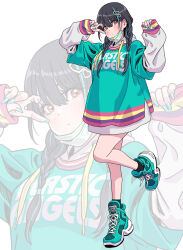 Rule 34 | 1girl, absurdres, black hair, blue nails, blush, closed mouth, full body, green footwear, green hair, green shirt, hair ornament, head tilt, heart, heart hair ornament, highres, layered sleeves, long hair, long sleeves, looking at viewer, multicolored hair, plastic angels, shirt, shoes, short sleeves, simple background, sleeves past wrists, sneakers, solo, streaked hair, twintails, v, white background, yamashita shun&#039;ya, zoom layer