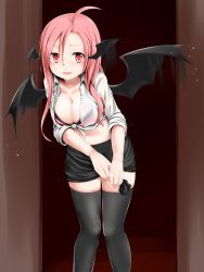 Rule 34 | 1girl, ahoge, bat wings, black thighhighs, blush, bra, breasts, cleavage, demon girl, demon wings, dress shirt, embodiment of scarlet devil, female focus, flapping, head wings, highres, koakuma, large breasts, leaning forward, lingerie, long hair, miki purasu, open clothes, open mouth, open shirt, pink bra, pink hair, red eyes, red hair, shirt, skirt, sleeves rolled up, solo, thighhighs, touhou, underwear, wet, wet clothes, white shirt, wings, wringing clothes, zettai ryouiki