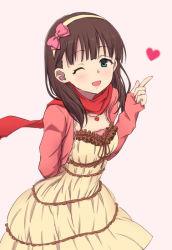 Rule 34 | 10s, 1girl, brown hair, gtd-carthage, hair ribbon, hairband, heart, idolmaster, idolmaster cinderella girls, jewelry, looking at viewer, necklace, one eye closed, open mouth, ribbon, sakuma mayu, scarf, short hair, smile, solo, toreso, white background, wink