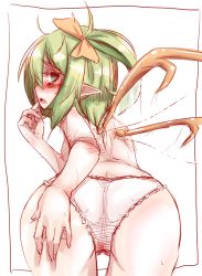 Rule 34 | 1girl, ass, bad id, bad pixiv id, bent over, blue eyes, blush, breasts, daiyousei, female focus, green hair, hakano shinshi, looking back, nipples, panties, panties only, pointy ears, short hair, side ponytail, sketch, small breasts, solo, topless, touhou, underwear, underwear only, white panties, wings