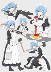 Rule 34 | 1girl, alternate costume, amagu vocadoro, apron, axe, blue eyes, blue hair, bucket, dress, food, frilled apron, frills, gloves, gun, highres, hololive, hoshimachi suisei, ketchup, ketchup bottle, maid, maid apron, maid headdress, mop, omelet, omurice, side ponytail, squatting, virtual youtuber, weapon